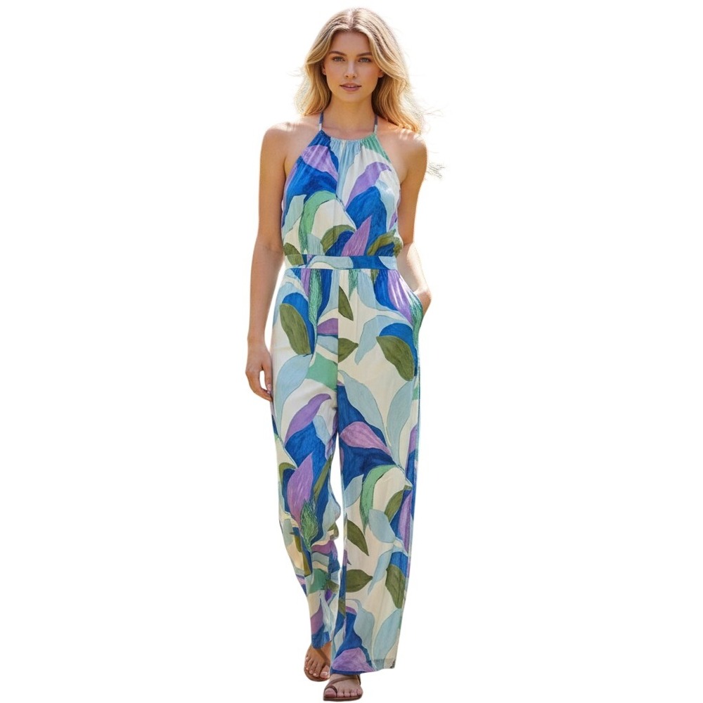 Entro Womens Tropical Leaf Halter Neck Wide Leg Jumpsuit Blue Purple Size L New